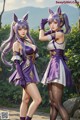 A couple of women dressed in purple and white outfits.