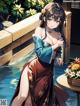 A woman in a kimono standing next to a pool of water.